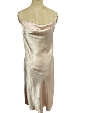 BeBe Satin Cowl Neck Slip Dress LG Champagne Midi Draped Shift Evening Elegant